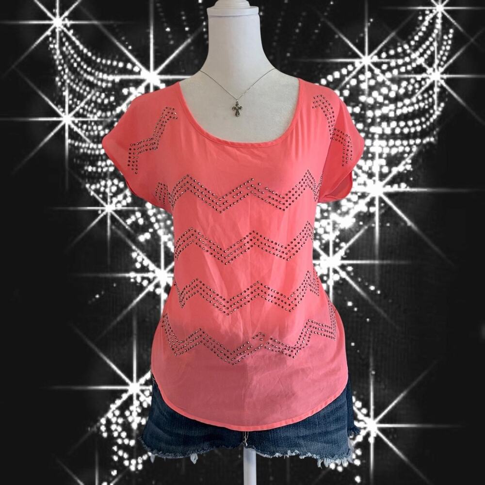 chevron zigzag bedazzled rhinestones salmon pink glam top